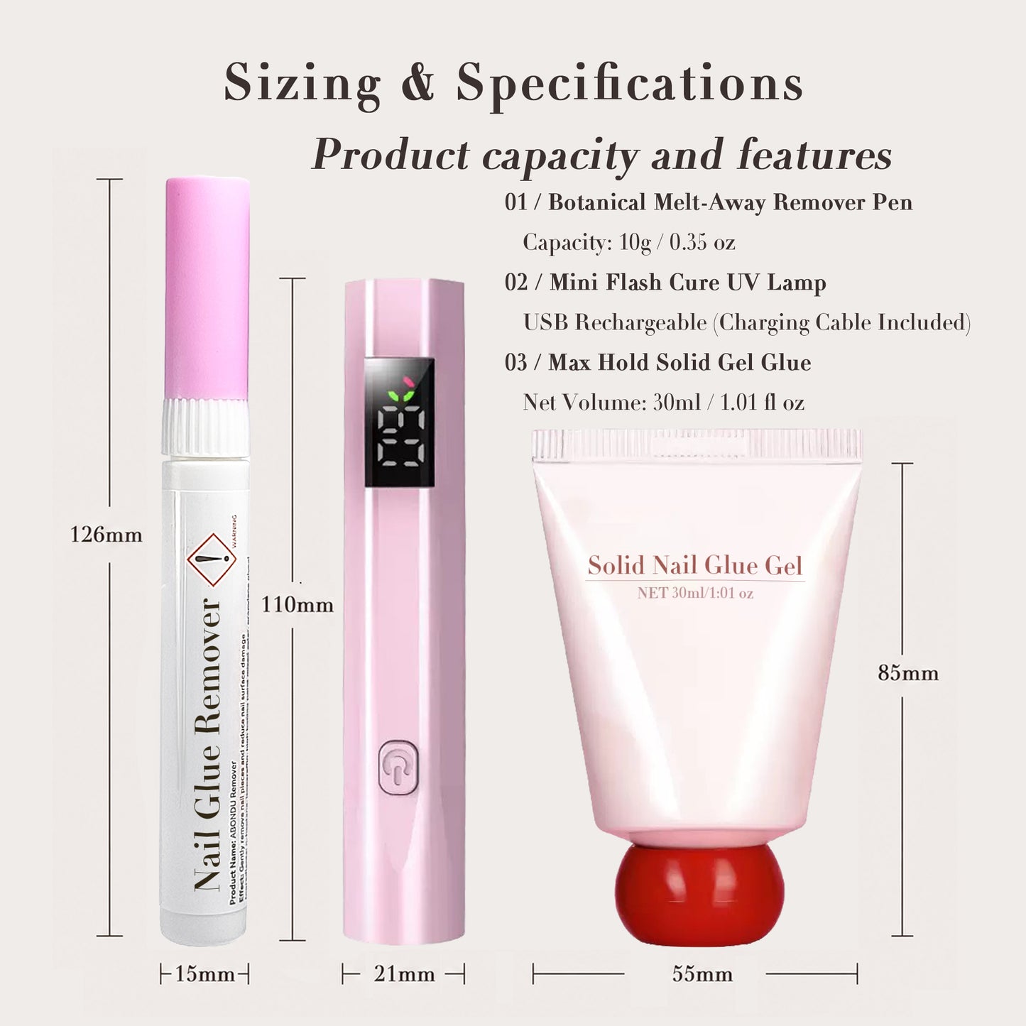 Complete press-on nail application tool set: salon nail glue, buffer, wooden stick and alcohol prep pad | shown flat lay