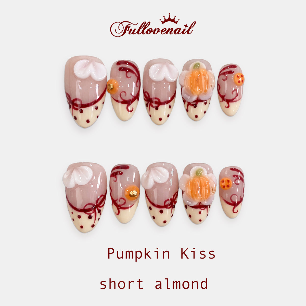 Pumpkin Kiss | Short Almond 3D Pumpkin & Ribbon Bow Press-On Nails