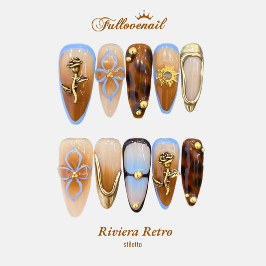 Riviera Retro handmade press-on nails — long stiletto set in vintage coastal blue and gold lines | Fullovenail