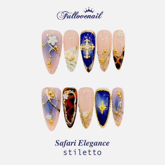 Safari Elegance handmade press-on nails — medium stiletto set in warm earthy amber and leopard accents | Fullovenail