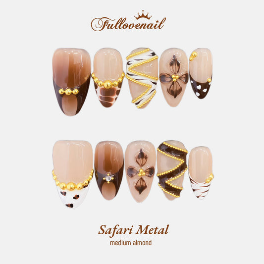 Safari Metal handmade press-on nails — medium almond set in chrome metallic and animal print accents | Fullovenail