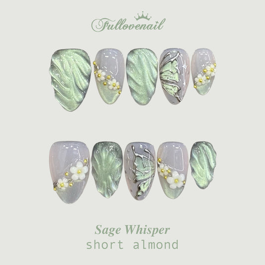 Sage Whisper handmade press-on nails — short almond set in green and handcrafted art detailing | Fullovenail