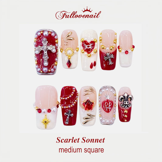 Scarlet Sonnet handmade press-on nails — medium square set in rich vintage crimson red | Fullovenail