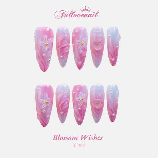 Blossom Wishes handmade press-on nails — medium stiletto set in floral pink and 3D sculpted floral petals | Fullovenail