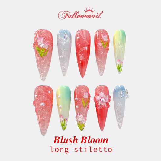 Blush Bloom long stiletto press-on nails with 3D pink tulips and pastel ombre