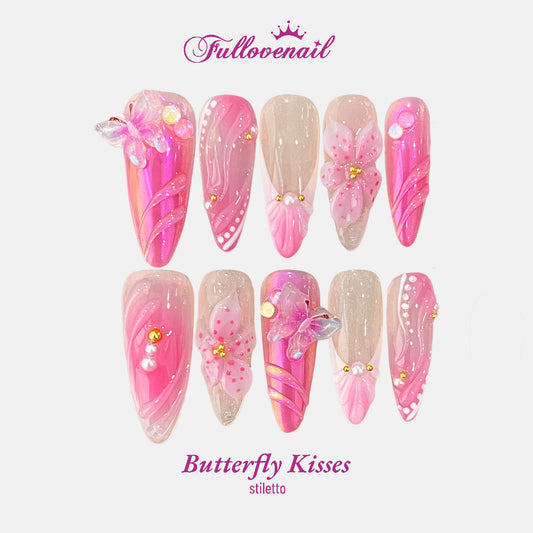 Butterfly Kisses almond press-on nails with pink chrome and 3D butterfly charms