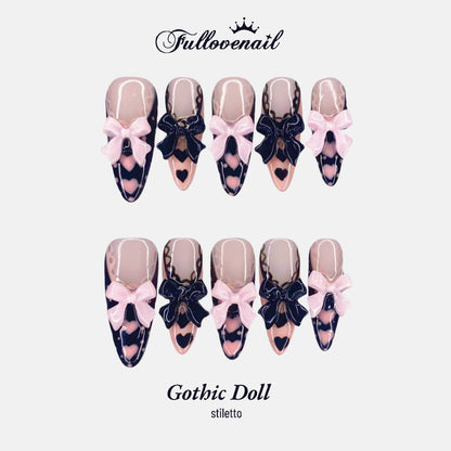 Gothic Doll stiletto press-on nails with 3D pink and black bows and lace French tips