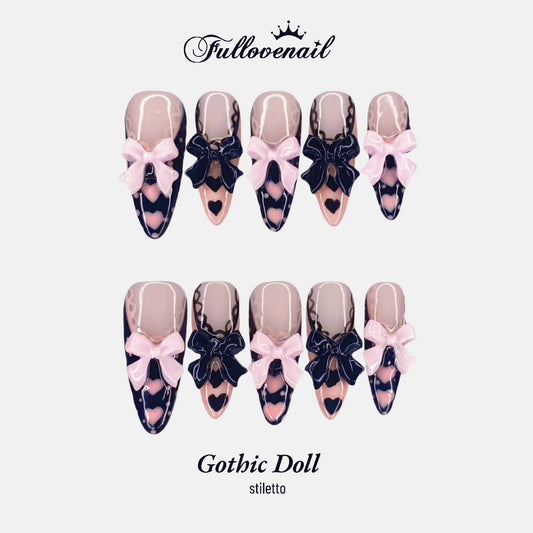 Gothic Doll stiletto press-on nails with 3D pink and black bows and lace French tips