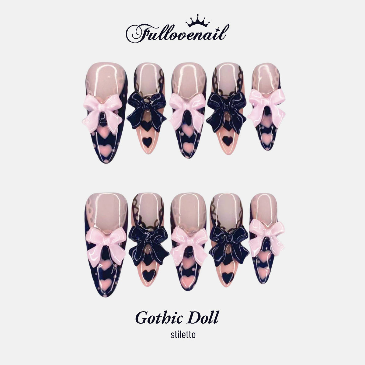 Gothic Doll handmade press-on nails — medium stiletto set in black and handcrafted art detailing | Fullovenail