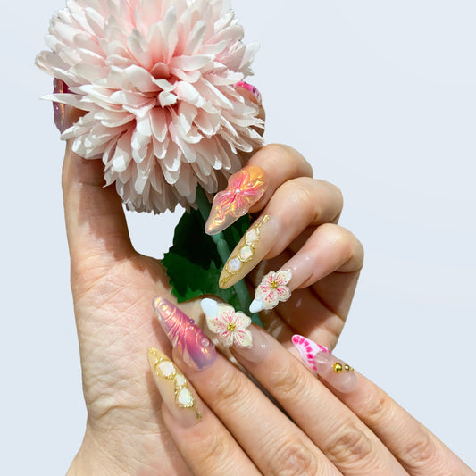 Floral Garden floral pink press-on nails on hand | Floral Garden nail inspo