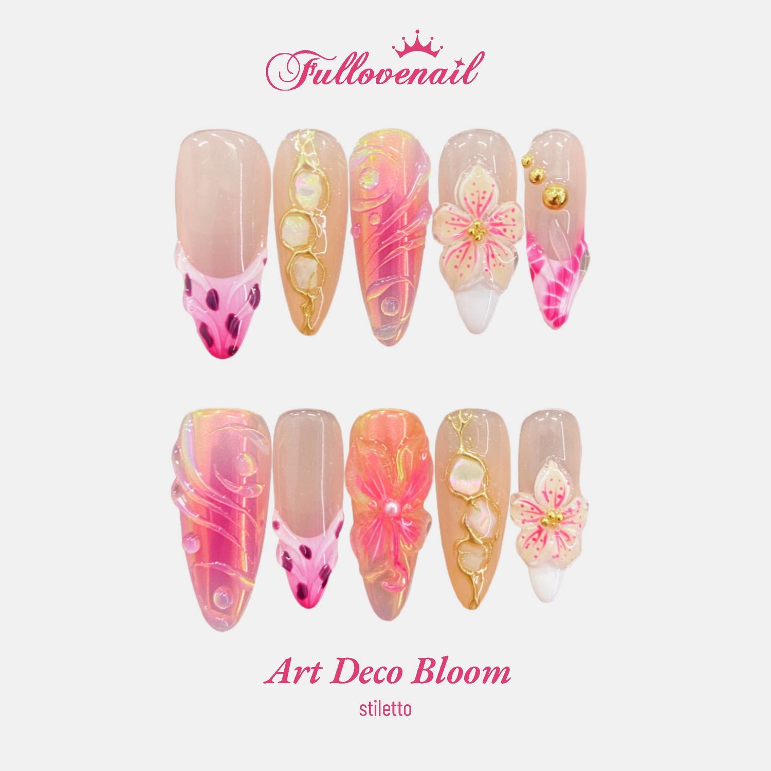 Art Deco Bloom handmade press-on nails — long stiletto set in floral pink and 3D sculpted floral petals | Fullovenail