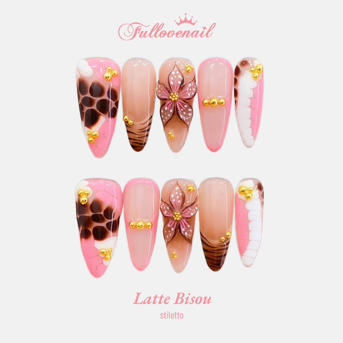 Latte Bisou stiletto press-on nails with 3D floral art and mocha swirl accents