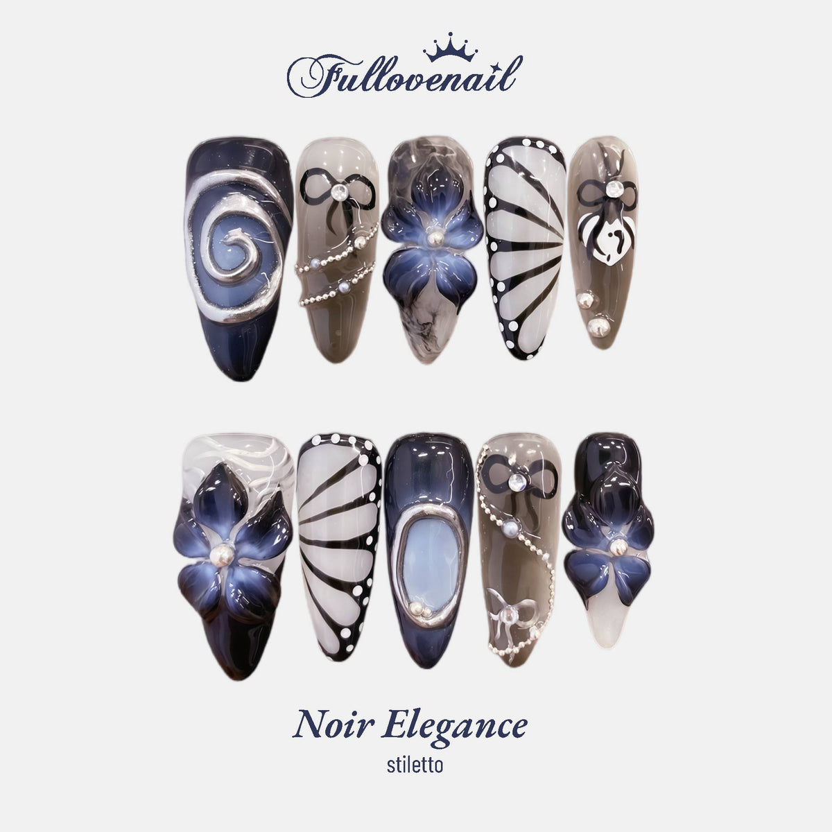 Noir Elegance stiletto press-on nails featuring dark 3D flowers and silver chrome art