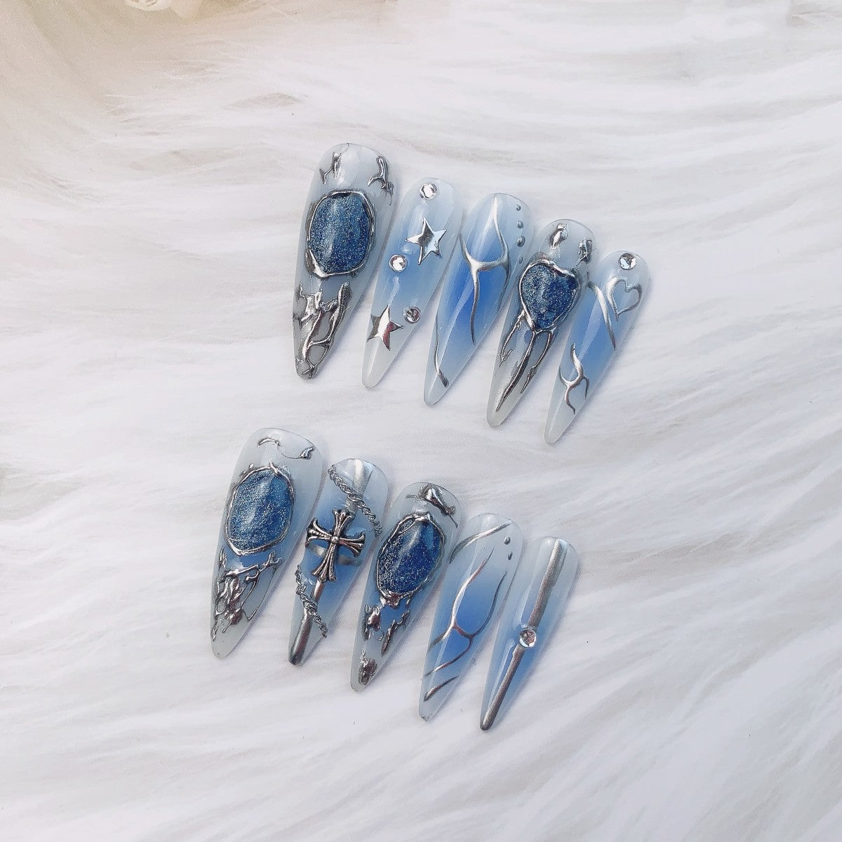 Salon quality Misty Hymn stiletto press-on nails aesthetic manicure ideas | Fullovenail | shown on flat surface