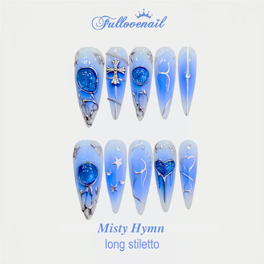 Misty Hymn handmade press-on nails — long stiletto set in sky blue and silver cross | Fullovenail