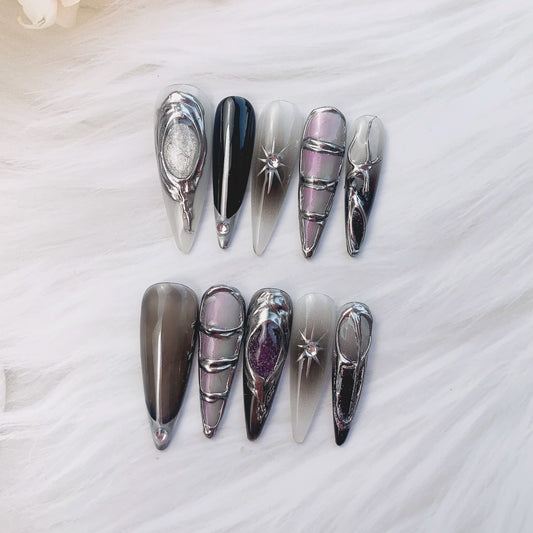 Celestial aurora lilac press-on nails flat lay | Celestial nail inspo