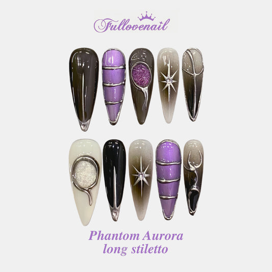 Phantom Aurora handmade press-on nails — long stiletto set in aurora lilac and celestial charms | Fullovenail