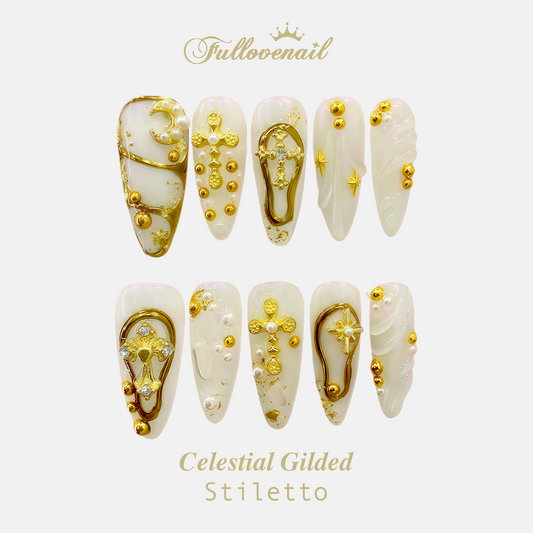 Celestial Gilded handmade press-on nails — medium stiletto set in gold and celestial charms | Fullovenail
