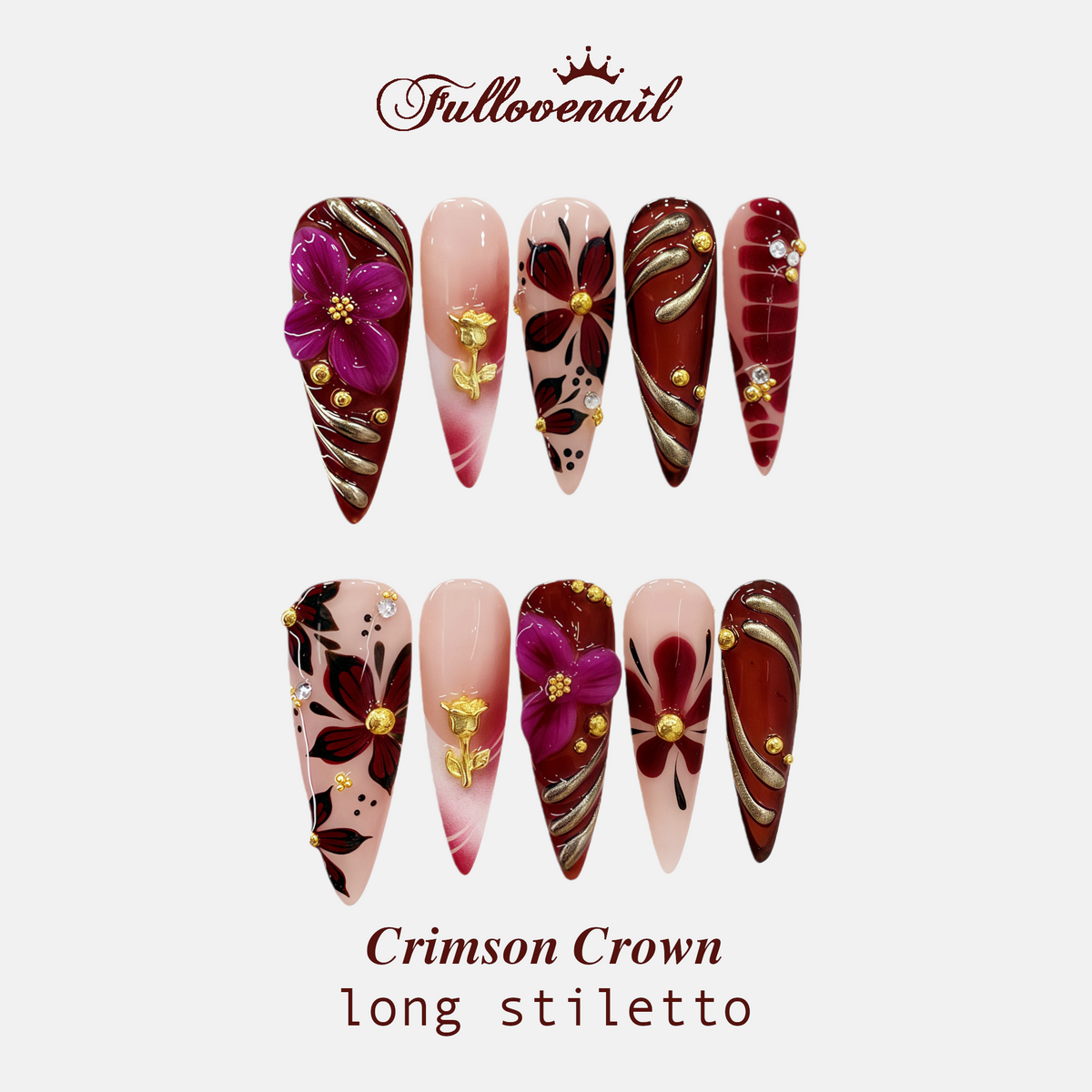 Crimson Crown long stiletto press-on nails with 3D wine flowers and molten gold