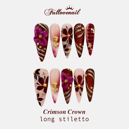 Crimson Crown handmade press-on nails — long stiletto set in red and handcrafted art detailing | Fullovenail