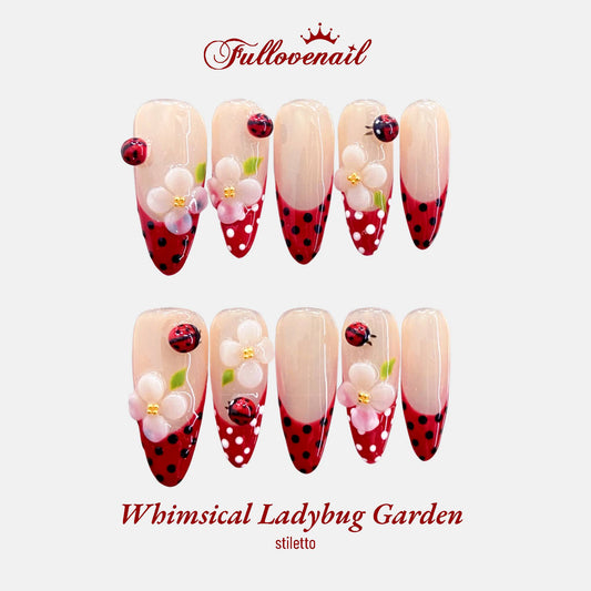 Whimsical Ladybug Garden stiletto press-on nails with 3D flowers and polka dot tips