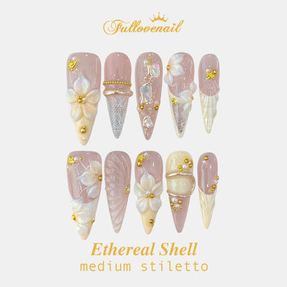 Ethereal Shell stiletto press-on nails with 3D sculpted flowers and pearlescent ridges