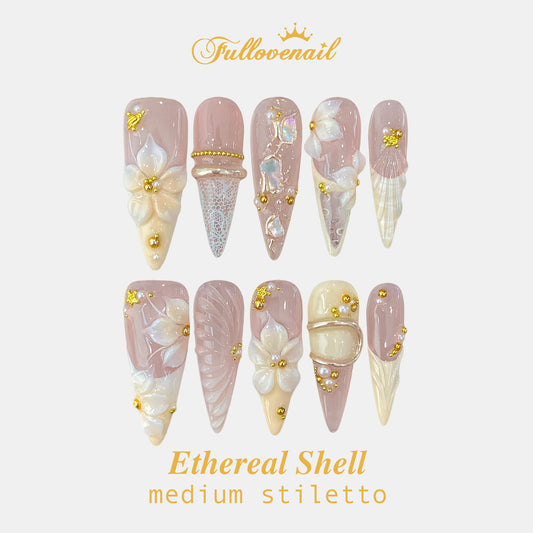 Ethereal Shell handmade press-on nails — long stiletto set in ocean aqua and 3D seashell | Fullovenail