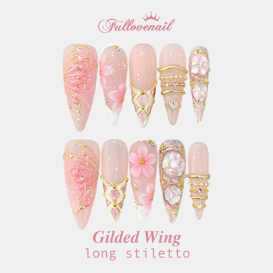 Gilded Wing handmade press-on nails — long stiletto set in gold and sculpted butterfly wings | Fullovenail