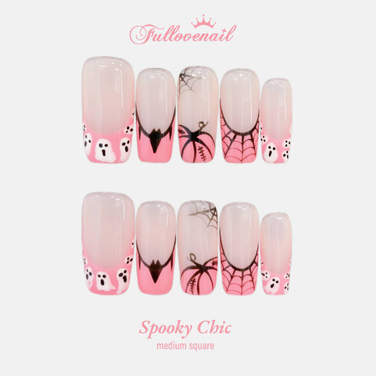Spooky Chic handmade press-on nails — medium square set in matte black Halloween art | Fullovenail