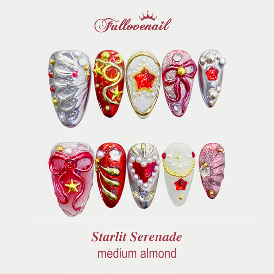 Starlit Serenade handmade press-on nails — medium almond set in aurora lilac and celestial charms | Fullovenail