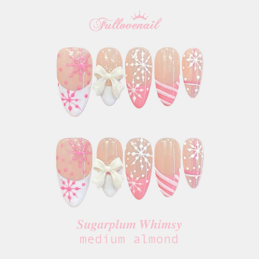 Sugarplum Whimsy handmade press-on nails — medium almond set in purple and handcrafted art detailing | Fullovenail