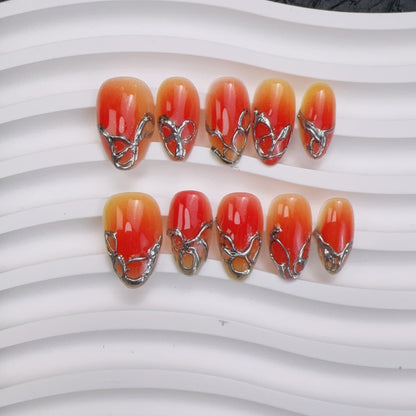 Full 10-piece set display of Sunset Chrome molten metal ombre press-on nails