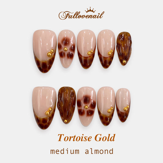 Tortoise Gold | Medium Almond Amber Tortoiseshell & Gold Stud Press-On Nails