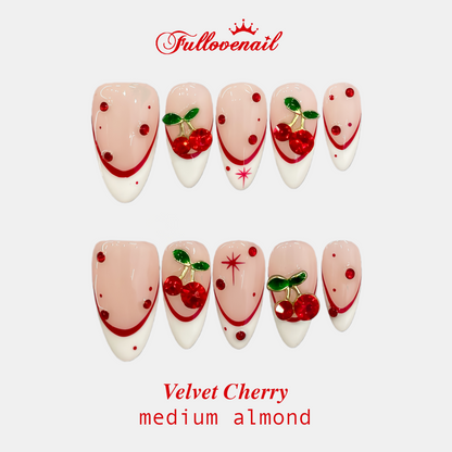 Velvet Cherry medium almond press-on nails with 3D red cherries and French tips