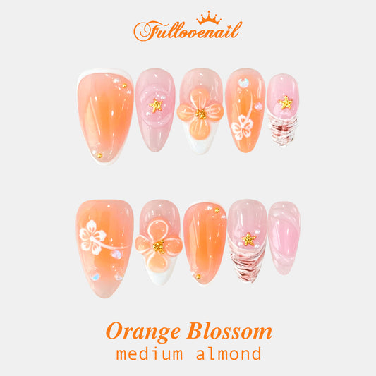 Orange Blossom handmade press-on nails — medium almond set in coral orange and 3D sculpted floral petals | Fullovenail