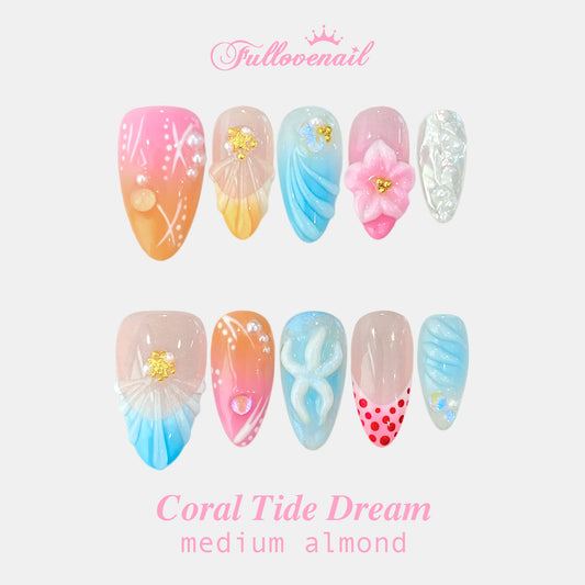 Coral Tide Dream handmade press-on nails — medium almond set in peach coral and 3D seashell | Fullovenail