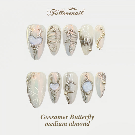 Gossamer Butterfly handmade press-on nails — medium almond set in pearl white and silver | Fullovenail
