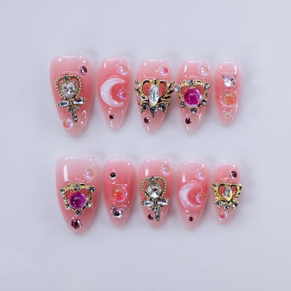 Moonlight Princess almond press-on nails with 3D crystal crowns and magic scepters