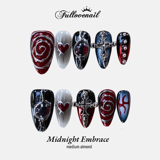 Black Realm Midnight Embrace handmade press-on nails — medium almond set in black and handcrafted art detailing | Fullovenail