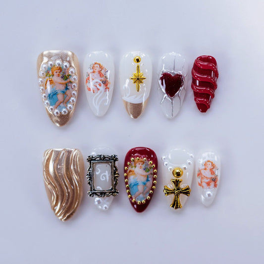 Angelic Reverence handmade press-on nails — medium almond set in aurora lilac and handcrafted art detailing | Fullovenail