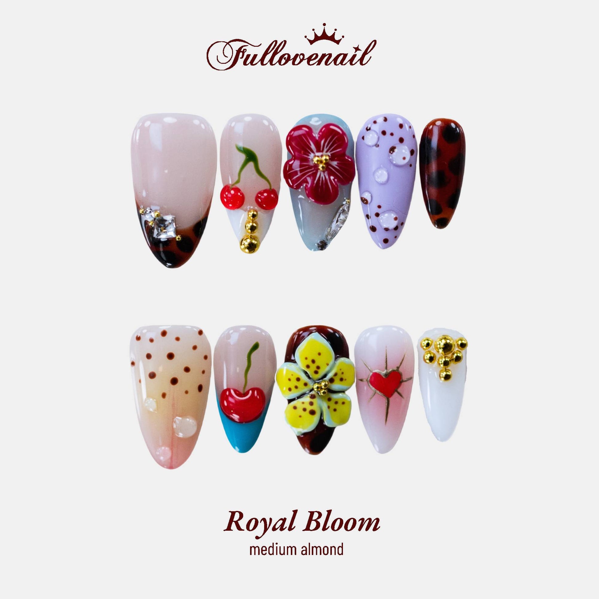 Royal Bloom handmade press-on nails — medium almond set in floral pink and 3D sculpted floral petals | Fullovenail