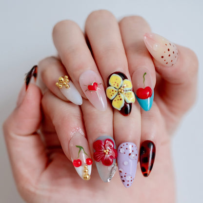 Floral Garden floral pink press-on nails on hand | Floral Garden nail inspo