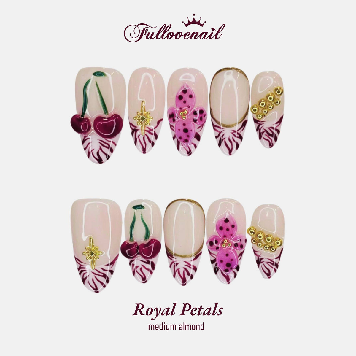Royal Petals medium almond press-on nails with 3D cherries and zebra French tips