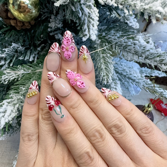 Floral Garden floral pink press-on nails on hand | Floral Garden nail inspo