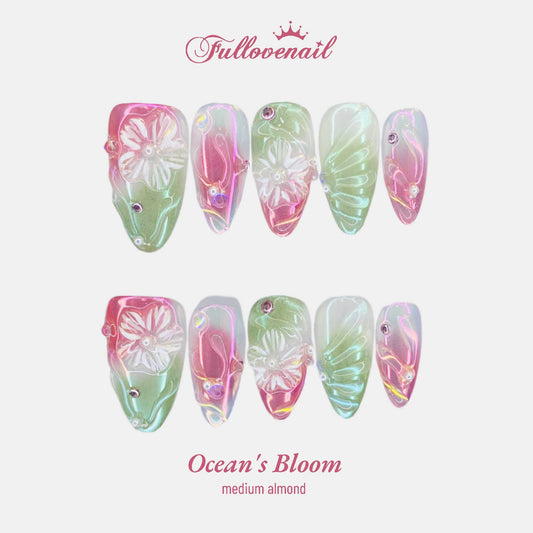 Ocean's Bloom handmade press-on nails — medium almond set in blue and 3D seashell | Fullovenail