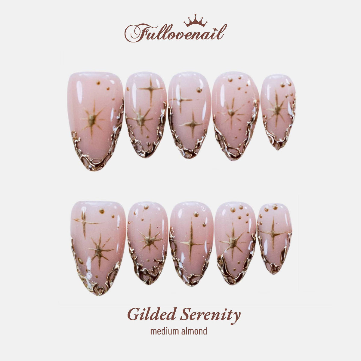 Gilded Serenity handmade press-on nails — medium almond set in gold and handcrafted art detailing | Fullovenail