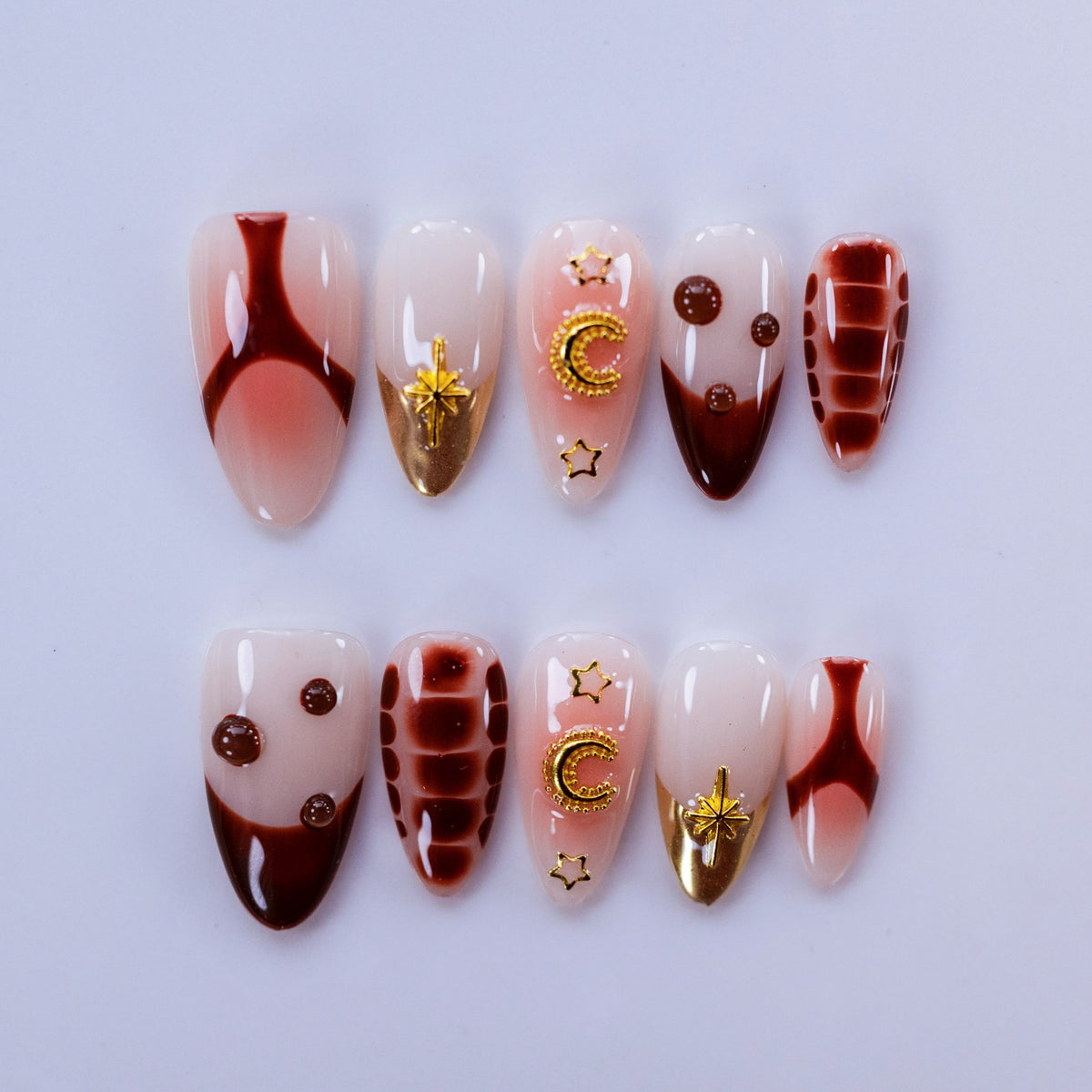 Baroque Nightfall handmade press-on nails — medium almond set in smoky gothic tones | Fullovenail