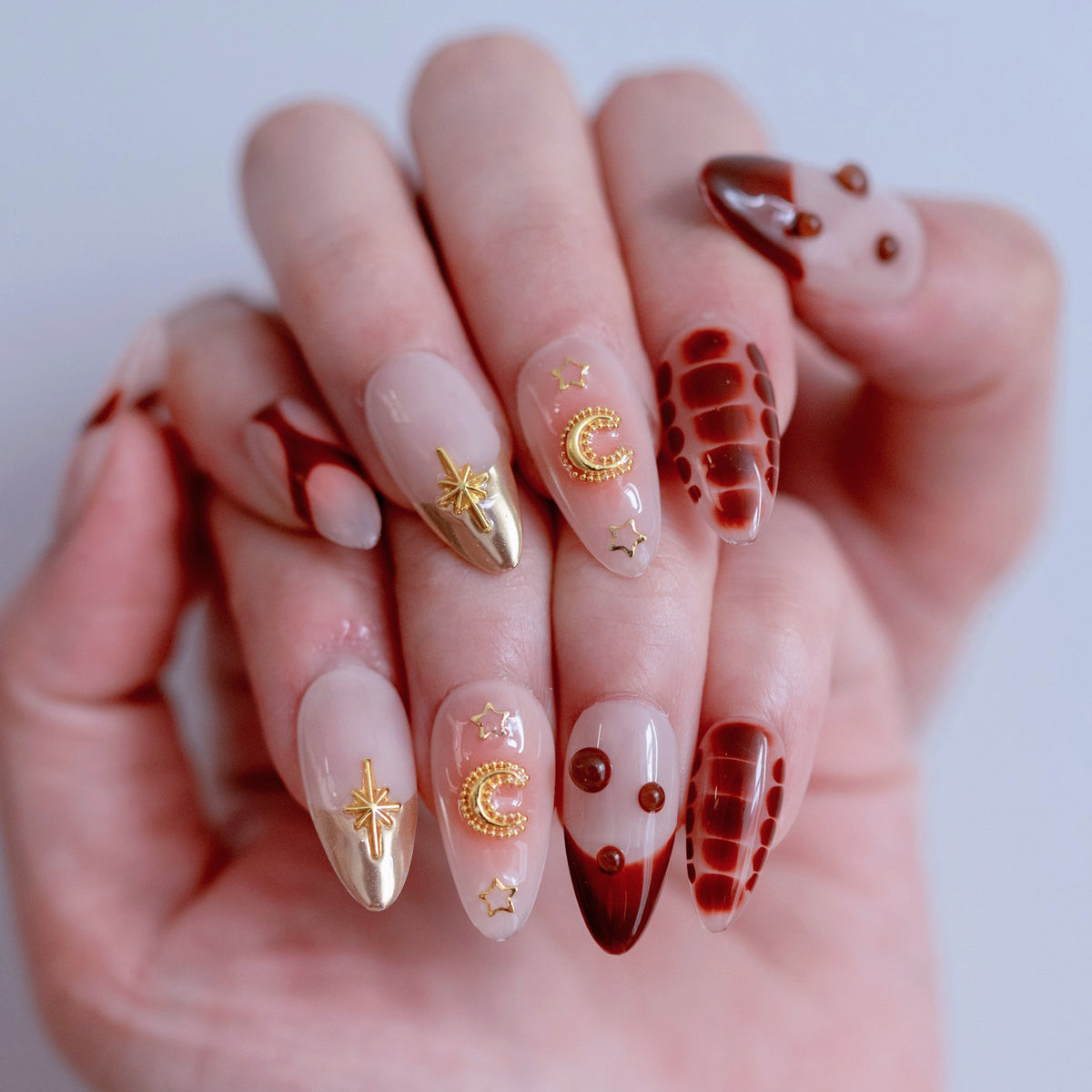 Gothic smoky charcoal press-on nails on hand | Dark romance aesthetic nail inspo
