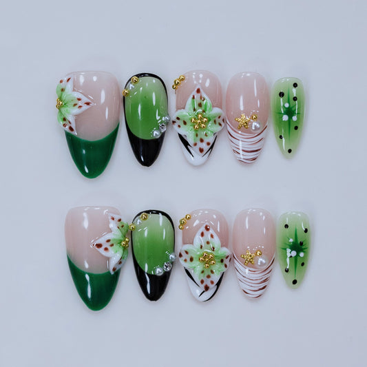 Mint Floral Whisper almond press-on nails with 3D blooming petals and green French tips