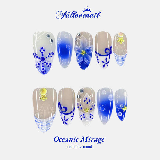 Oceanic Mirage handmade press-on nails — medium almond set in blue and 3D seashell | Fullovenail
